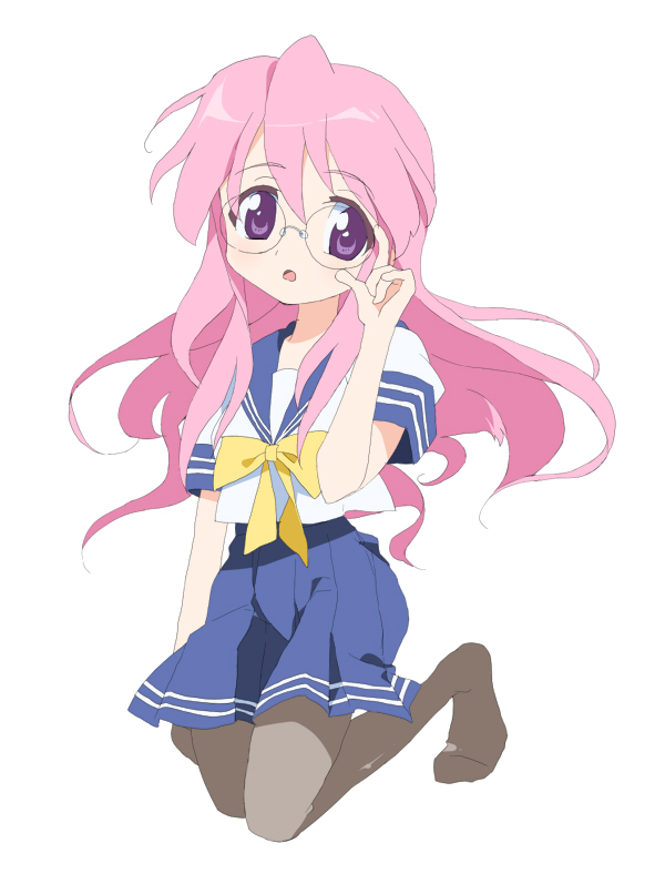 takara miyuki, lucky star, bad id, bad pixiv id, 00s, adjusting eyewear, glasses, kneeling, long hair, pantyhose, pink hair, purple eyes, school uniform, serafuku, solo