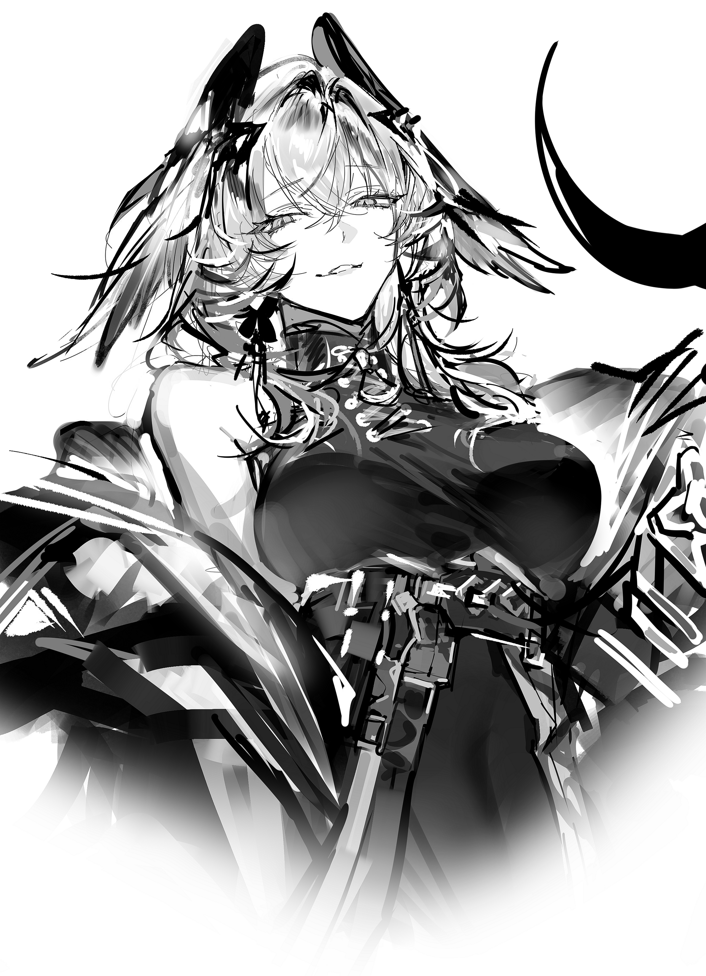 remsrar, ho'olheyak (arknights), arknights, absurdres, highres, 1girl, grey hair, hair between eyes, ho'olheyak (ritual of immortality) (arknights), monochrome, open mouth, short hair, simple background, slit pupils, solo, white background