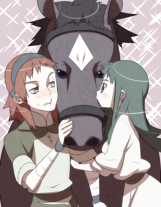 tensugi takashi, agro, mono (shadow of the colossus), wander (shadow of the colossus), shadow of the colossus, animal, black eyes, bridle, dress, green hair, hairband, horse, kiss, kissing animal, long hair, red hair, sweat, tunic