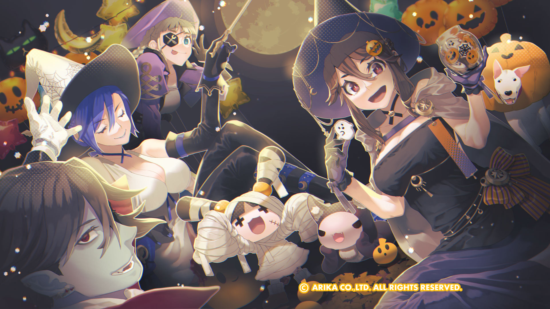area (arika), blair dame, nanase (arika), arika, fighting ex layer, technictix, artist request, character request, highres, official art, official wallpaper, 1boy, 3girls, braid, breasts, brown hair, closed mouth, dog, eyepatch, full moon, gloves, hat, jack-o'-lantern, large breasts, long hair, looking at viewer, moon, multiple girls, mummy, open mouth, pointy ears, pumpkin, short hair, smile, twin braids, v, witch hat