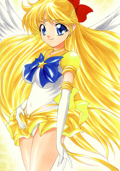 yadokari genpachirou, aino minako, sailor venus, super sailor venus (stars), bishoujo senshi sailor moon, bishoujo senshi sailor moon stars, marker (medium), traditional media, 1990s (style), 1girl, blonde hair, blue eyes, bow, brooch, choker, dress, earrings, elbow gloves, female focus, gloves, hair bow, half updo, jewelry, long hair, magical girl, orange dress, orange skirt, panties, pantyshot, red bow, retro artstyle, skirt, solo, star brooch, tiara, underwear, very long hair, white gloves, wings