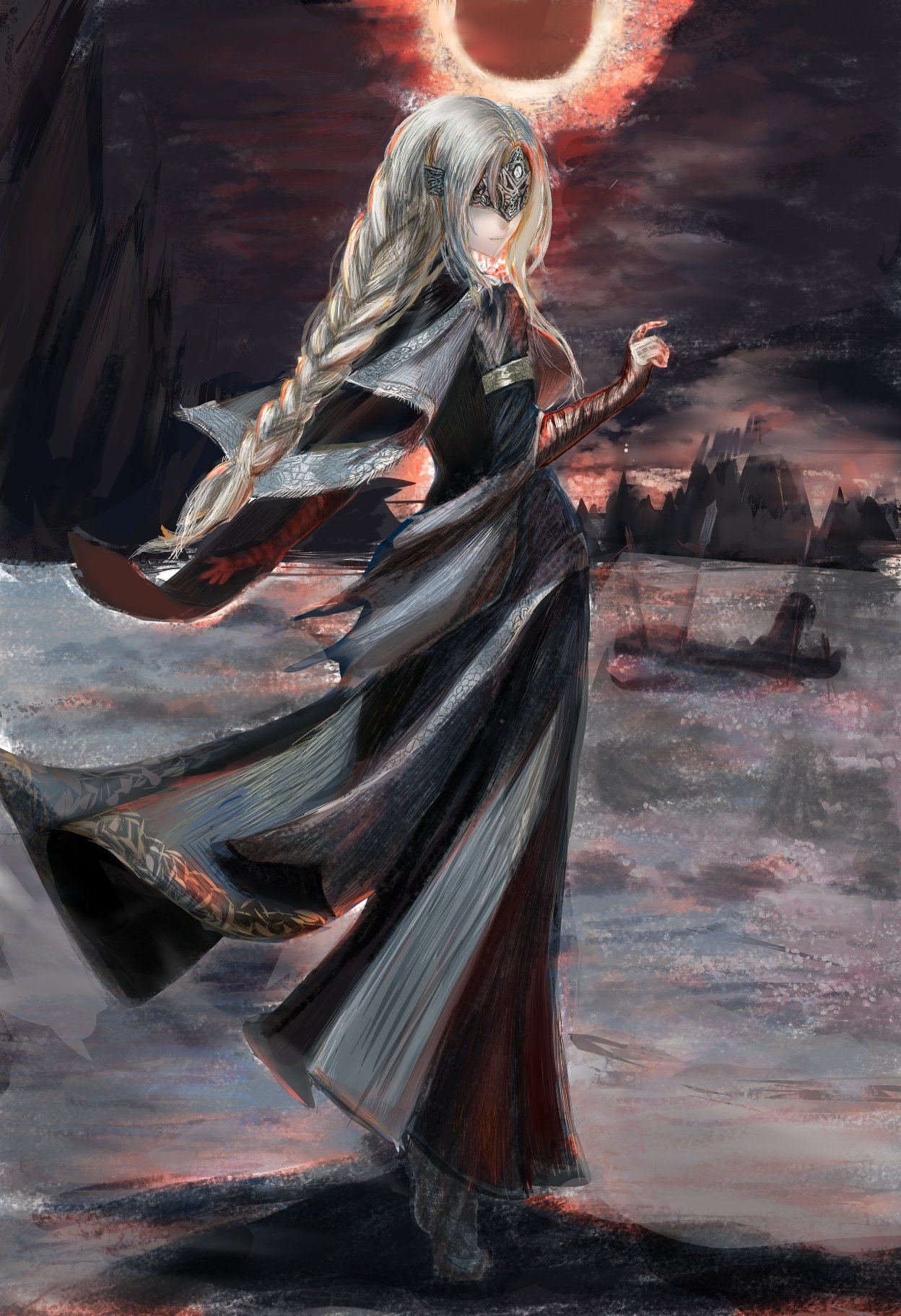 arc52088, fire keeper, dark souls (series), dark souls iii, highres, 1girl, black dress, blindfold mask, blonde hair, breasts, cape, capelet, cloak, closed mouth, covered eyes, dress, jewelry, long hair, mask, solo