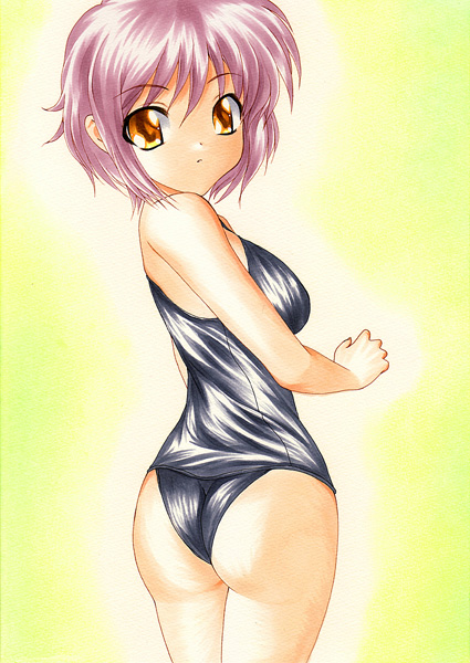 yadokari genpachirou, nagato yuki, suzumiya haruhi no yuuutsu, marker (medium), traditional media, 00s, ass, looking back, one-piece swimsuit, orange eyes, purple hair, school swimsuit, short hair, solo, swimsuit