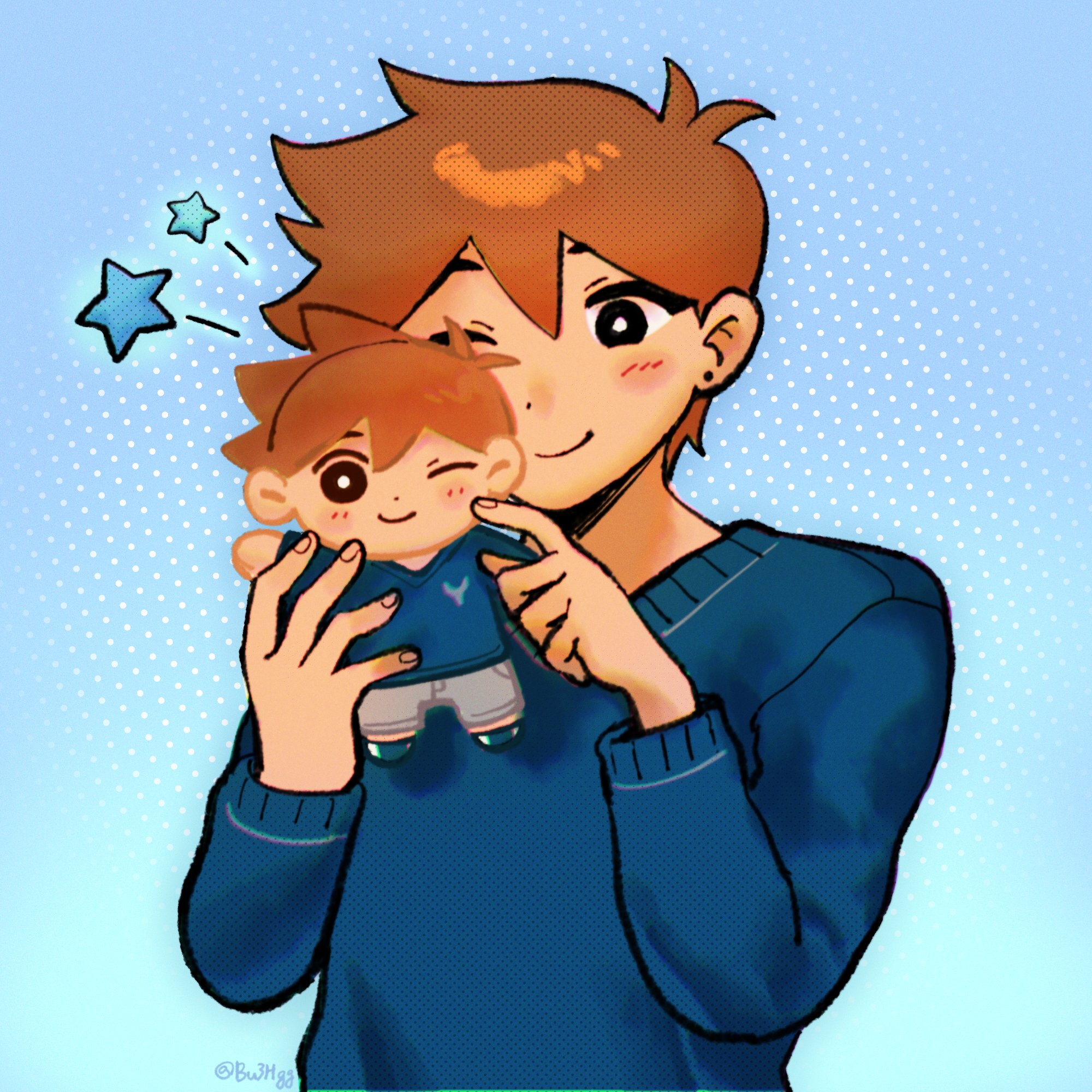 bu3hgg, hero (faraway) (omori), hero (omori), omori, highres, 1boy, antenna hair, black eyes, blue sweater, blush, brown hair, character doll, closed mouth, dark-skinned male, dark skin, doll, double-parted bangs, ear piercing, hair between eyes, holding, holding stuffed toy, long sleeves, piercing, short hair, smile, solo, stuffed animal, stuffed toy, sweater, upper body