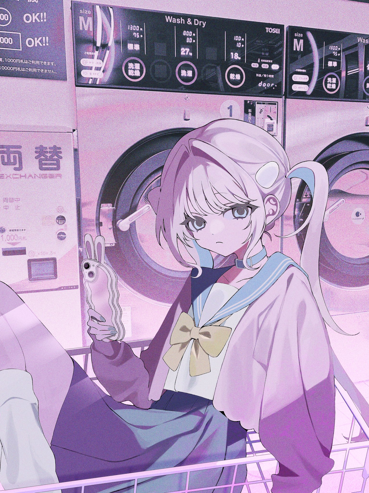 si (wooupp), original, highres, 1girl, belt collar, blue choker, blue eyes, blue sailor collar, blue skirt, bow, choker, closed mouth, collar, hair between eyes, hair intakes, holding, holding phone, jacket, laundry cart, long hair, looking at viewer, nail polish, open clothes, open jacket, phone, pink hair, pink jacket, sailor collar, school uniform, sitting, skirt, solo, twintails, washing machine, yellow bow