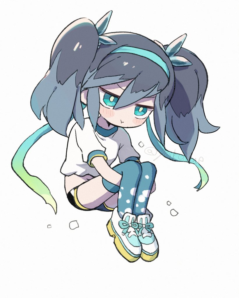 koko ue, fubukihime, youkai watch, 1girl, blue eyes, blue hair, blue thighhighs, buruma, full body, multicolored hair, pout, shirt, shoes, short sleeves, simple background, sitting, solo, thighhighs, twintails, two-tone hair, undoukai fubukihime, white background, white shirt, white shoes, youkai (youkai watch)