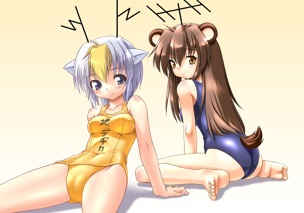 shinjou satomi, analoguma, chidejika, japan commercial broadcasters association, 2girls, animal ears, antlers, barefoot, bear ears, blue eyes, breasts, brown eyes, brown hair, deer antlers, deer ears, deergirl, feet, horns, long hair, multiple girls, one-piece swimsuit, school swimsuit, short hair, swimsuit, toes, white hair, yellow one-piece swimsuit