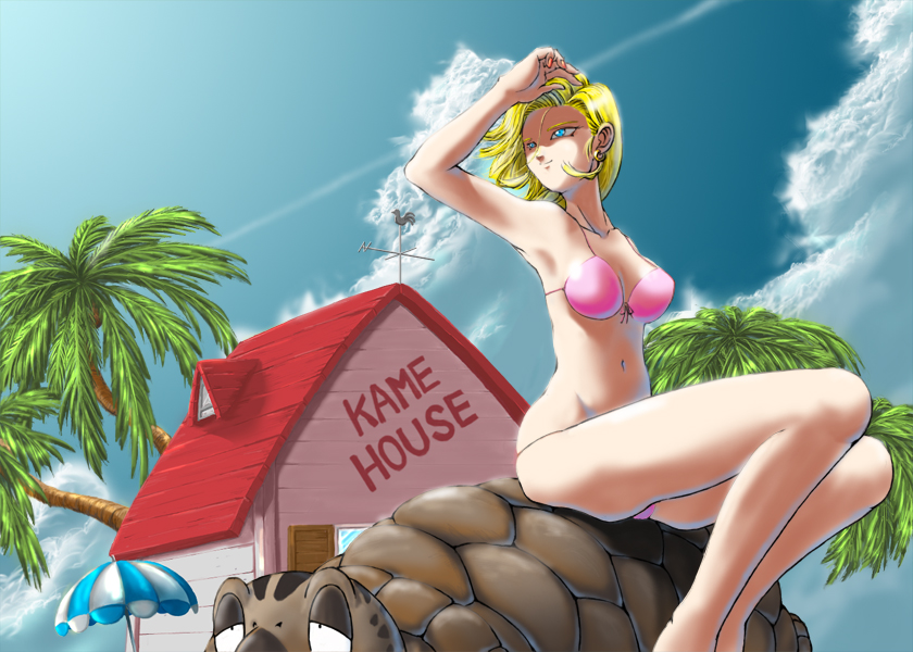 noizu, noizu (tragon), android 18, umigame (dragon ball), dragon ball, dragonball z, looking away, 1girl, android, armpits, beach umbrella, bikini, blonde hair, blue eyes, breasts, cloud, coconut, coconut tree, contrail, day, earrings, front-tie top, jewelry, kame house, medium breasts, navel, palm tree, pink bikini, sitting, sky, swimsuit, tree, turtle, umbrella, weather vane
