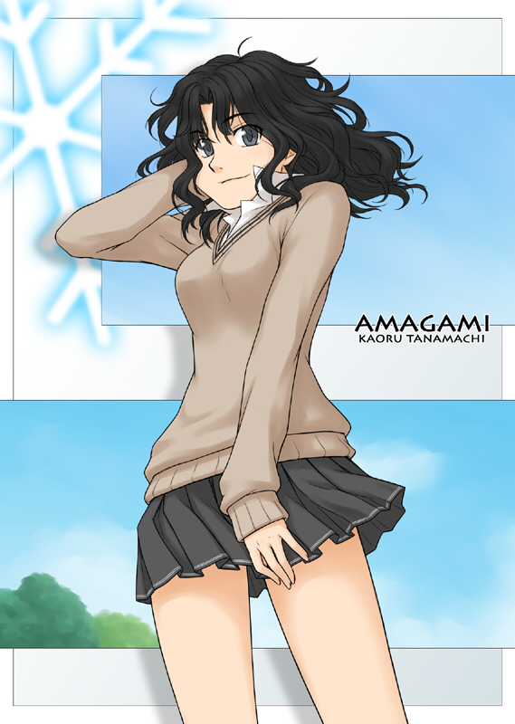 sinsan, tanamachi kaoru, amagami, black hair, messy hair, open collar, school uniform, solo, sweater