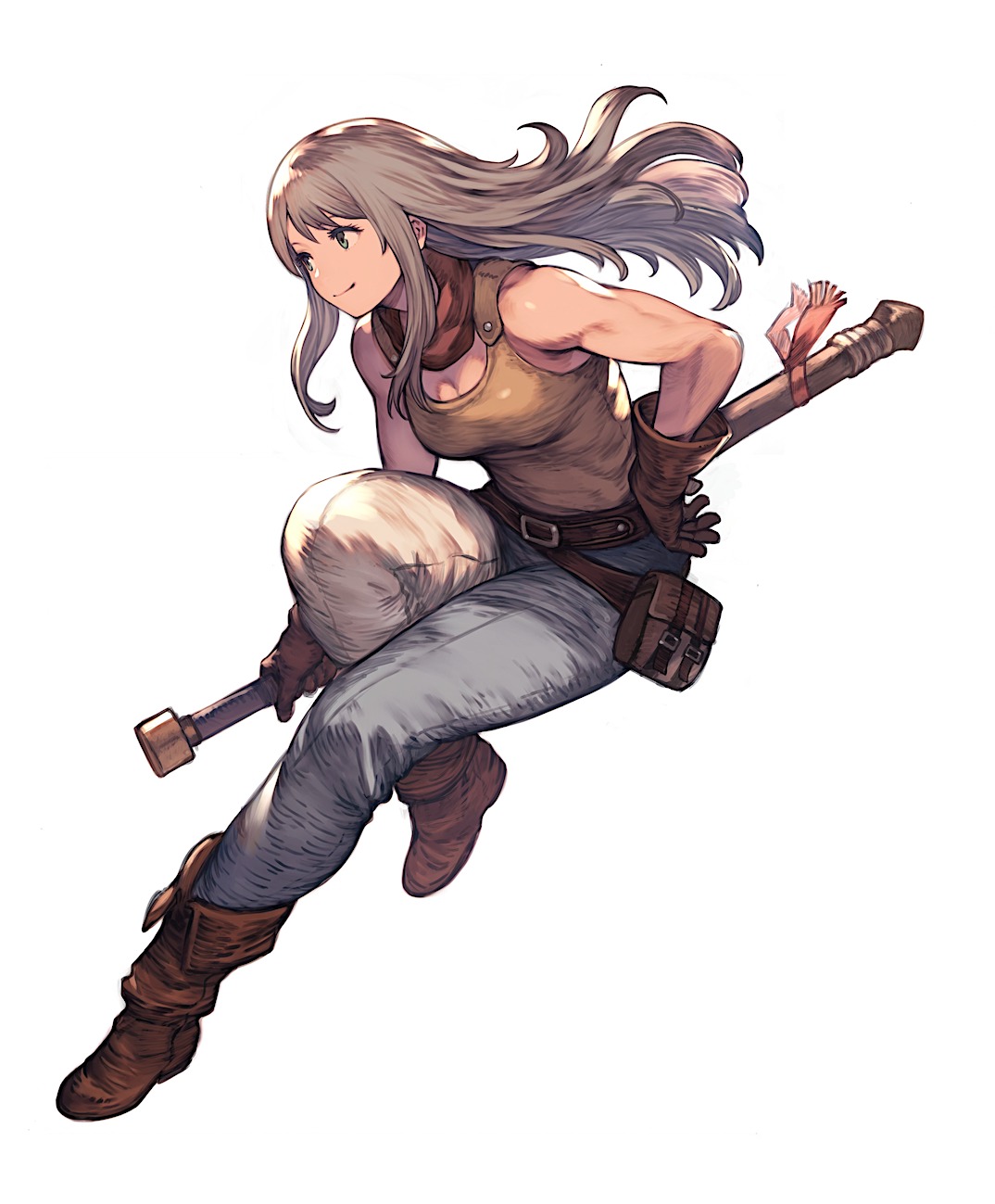 dojen, highres, tagme, 1girl, belt, boots, breasts, gloves, medium breasts, muscular, muscular female, pants, simple background, smile, sword, tank top, weapon, white background