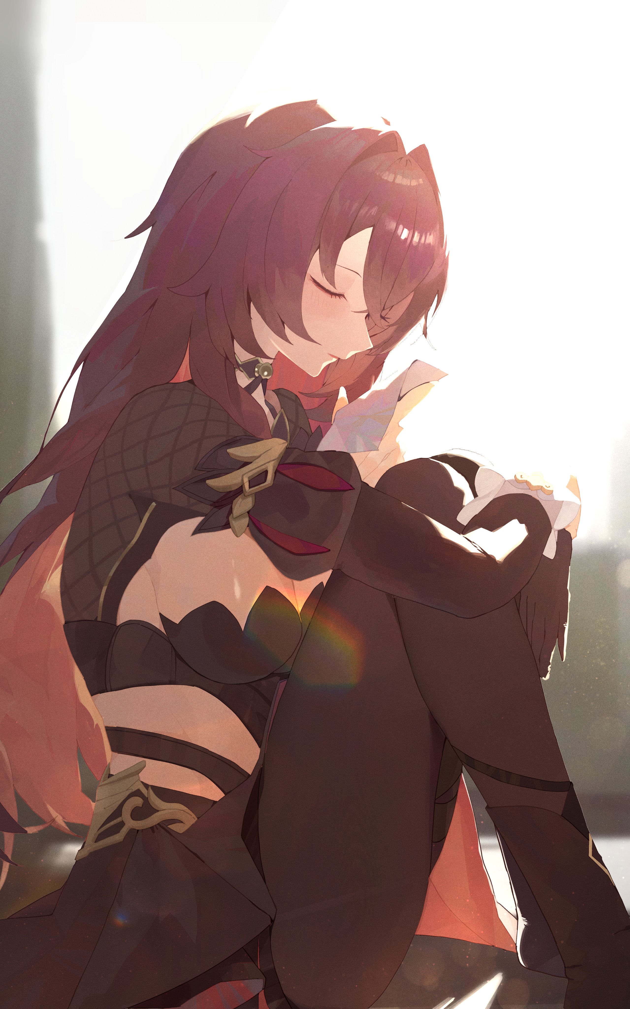 nareusii, eden (honkai impact), honkai (series), honkai impact 3rd, absurdres, commentary, highres, symbol-only commentary, 1girl, black dress, black gloves, black pantyhose, breasts, brown hair, closed eyes, closed mouth, clothing cutout, dress, fetal position, gloves, knees up, large breasts, long hair, pantyhose, side cutout, solo, unworn gloves, very long hair