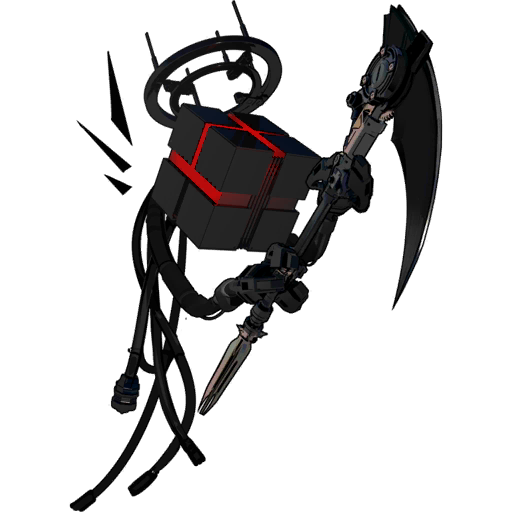 skade, arknights, official art, third-party source, cube, cube of the law (arknights), floating, halo, holding, holding scythe, mechanical halo, no humans, scythe, simple background, transparent background