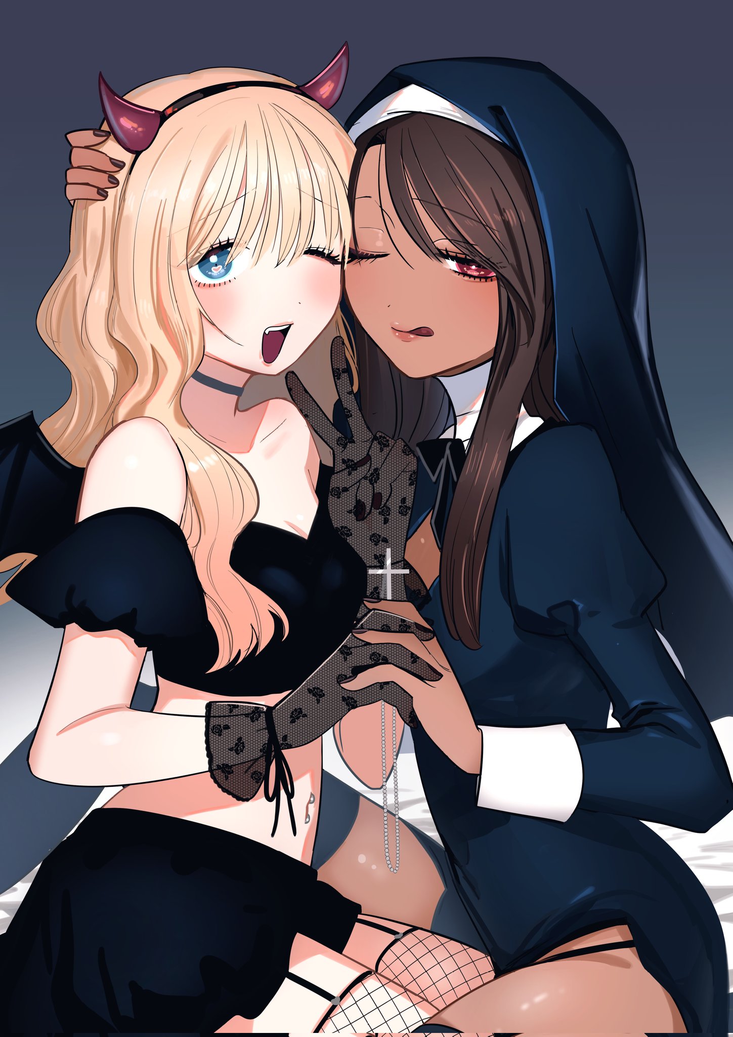 inoue koharu, commentary request, highres, 2girls, between legs, black gloves, black nails, black shirt, black skirt, blonde hair, blue dress, blue eyes, brown hair, crop top, cross, cross necklace, dark-skinned female, dark skin, demon horns, dress, fake horns, fishnet thighhighs, fishnets, garter straps, gloves, gyaru to gyaru no yuri, hairband, halloween, hand on another's head, horn hairband, horns, jewelry, juliet sleeves, lace, lace gloves, long sleeves, multiple girls, navel piercing, necklace, one eye closed, open mouth, piercing, puffy sleeves, red eyes, shirt, skirt, smile, taooka yua, thighhighs, watase reina, yuri