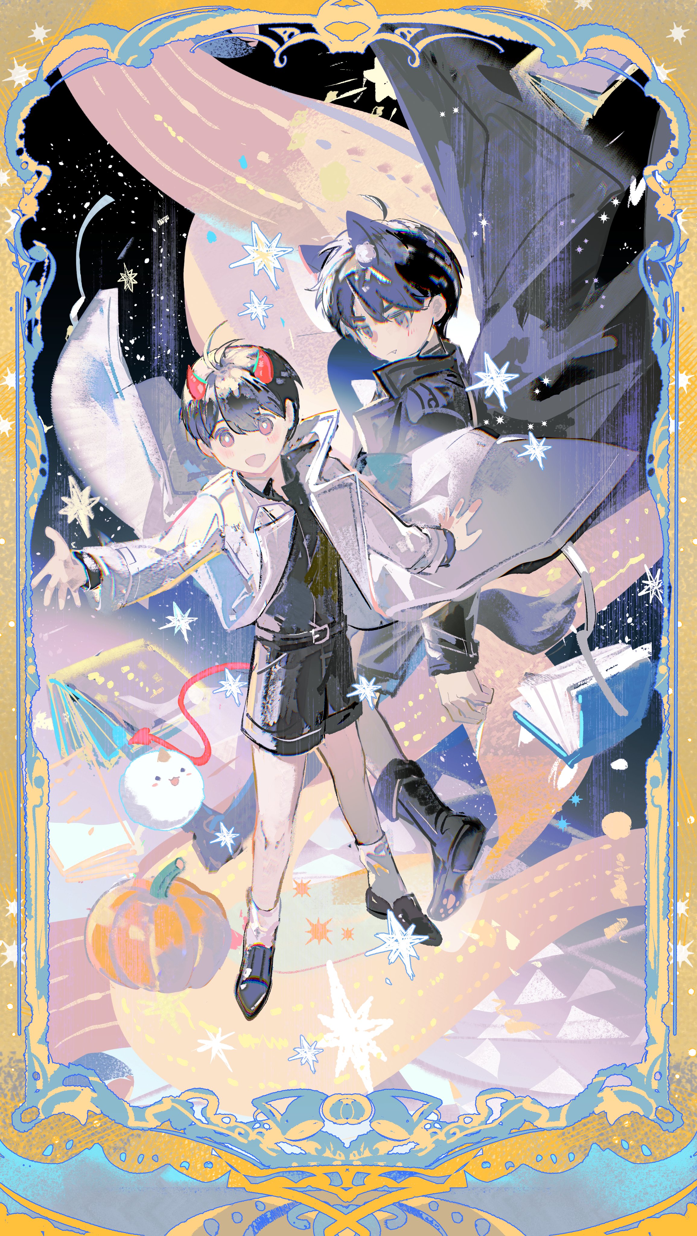 lantercat, biyoo (omniscient reader's viewpoint), kim dokja, yoo joonghyuk, omniscient reader's viewpoint, absurdres, highres, 2boys, :d, animal ears, black coat, black eyes, black hair, black shirt, black shorts, book, border, bunting, chibi, chibi only, coat, collared shirt, demon horns, floating, full body, horns, looking at another, looking at viewer, multiple boys, open clothes, open coat, open mouth, ornate border, outstretched arm, popped collar, pumpkin, red eyes, ribbon, shirt, short hair, shorts, sky, smile, star (sky), starry sky, white coat, wind, wind lift, wolf ears