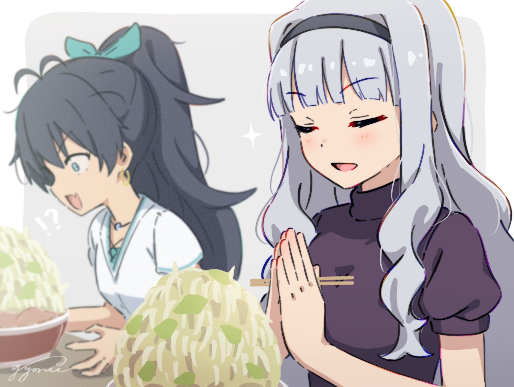 gyorui (katsuwo drawing), ganaha hibiki, shijou takane, idolmaster, idolmaster (classic), highres, !?, 2girls, bean sprout, black hair, black hairband, bowl, chopsticks, closed eyes, constricted pupils, earrings, fang, food, grey hair, hairband, holding, holding chopsticks, itadakimasu, jewelry, jirou (ramen), long hair, multiple girls, noodles, own hands together, ponytail, purple shirt, ramen, shirt, short sleeves, signature, skin fang, sparkle, surprised, too much food, upper body