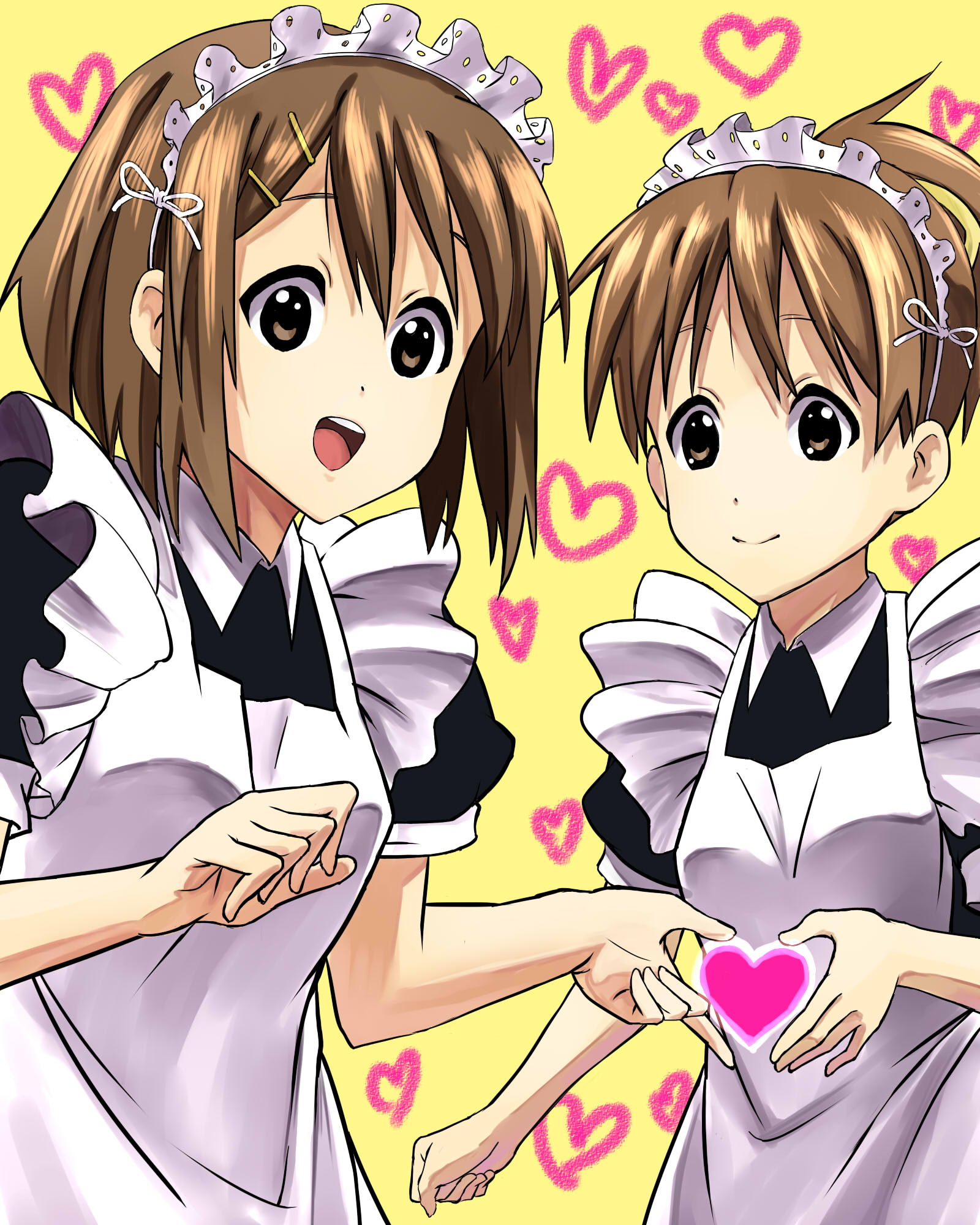 manekko buta, hirasawa ui, hirasawa yui, k-on!, bad id, bad pixiv id, highres, 00s, 2girls, alternate costume, apron, brown eyes, brown hair, enmaided, hair ornament, hairpin, heart, heart hands, heart hands duo, maid, maid apron, moe moe kyun!, multiple girls, short hair, siblings, sisters, smile