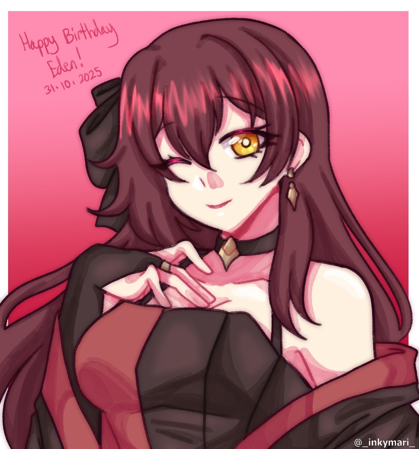 inkymari, eden (honkai impact), honkai (series), honkai impact 3rd, commentary, english commentary, highres, 1girl, ;), bare shoulders, border, breasts, brown hair, cleavage, dated, dress, earrings, hand chains, happy birthday, jewelry, large breasts, long hair, looking at viewer, one eye closed, red background, smile, solo, twitter username, two-tone dress, upper body, very long hair, white border, yellow eyes