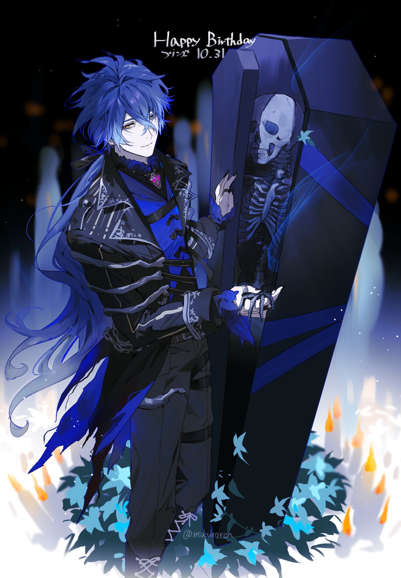 mikuroron, flins (genshin impact), genshin impact, highres, 1boy, black nails, candle, candlelight, coffin, flower, ghost, hand grab, happy birthday, jewelry, light smile, long hair, ring, skeleton, yellow eyes