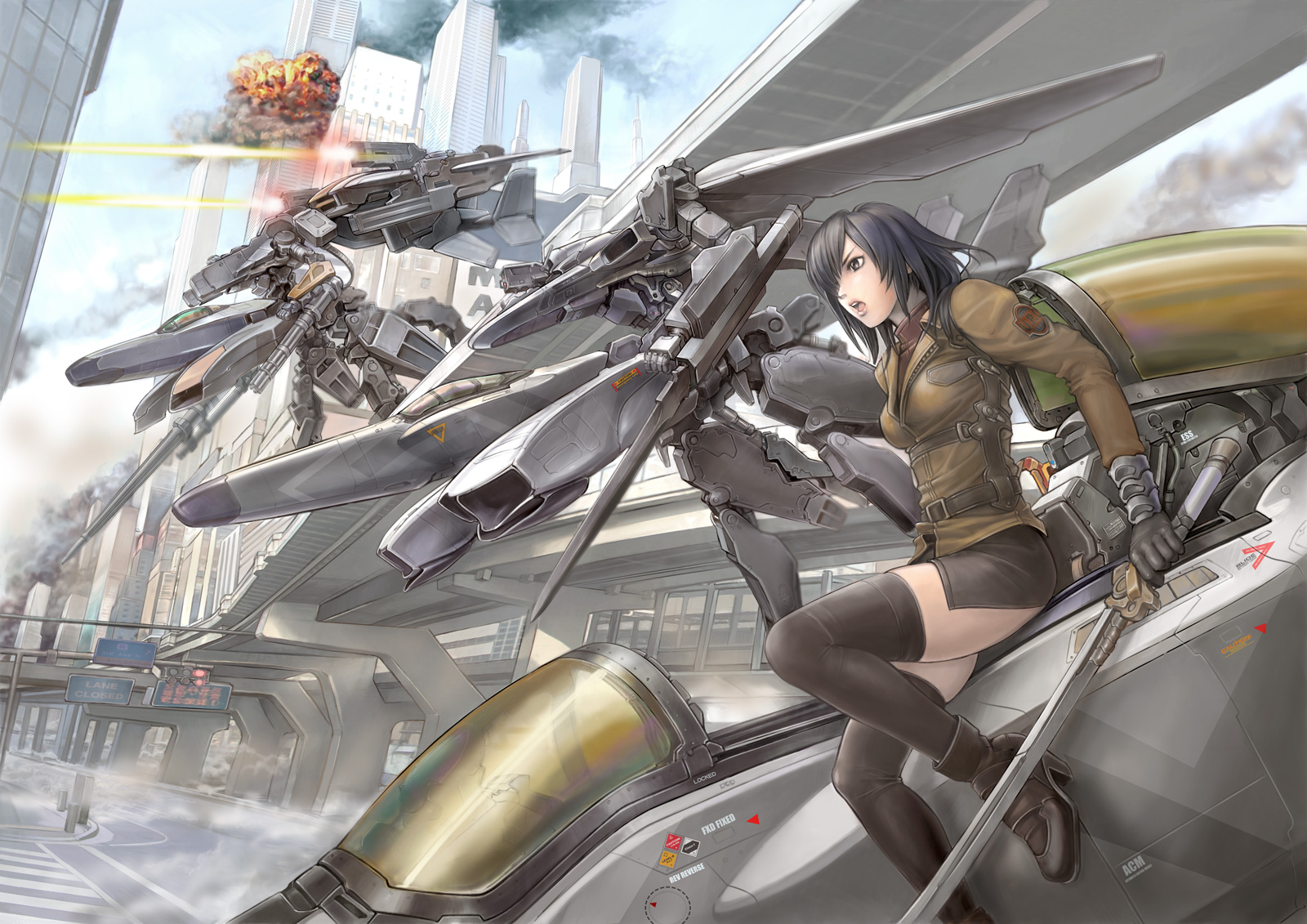 kuratch, knight vogel s-01, saeki rei, catch the sky earth sos, original, uniform, highres, source request, 1girl, aircraft, airplane, battle, black eyes, black hair, boots, building, catch the sky, city, cockpit, day, explosion, female focus, fighter jet, fire, gatling gun, gloves, gun, mecha, military, military vehicle, miniskirt, open mouth, outdoors, perspective, road, robot, sign, skirt, sky, skyscraper, smoke, solo, street, sword, thighhighs, traffic light, weapon