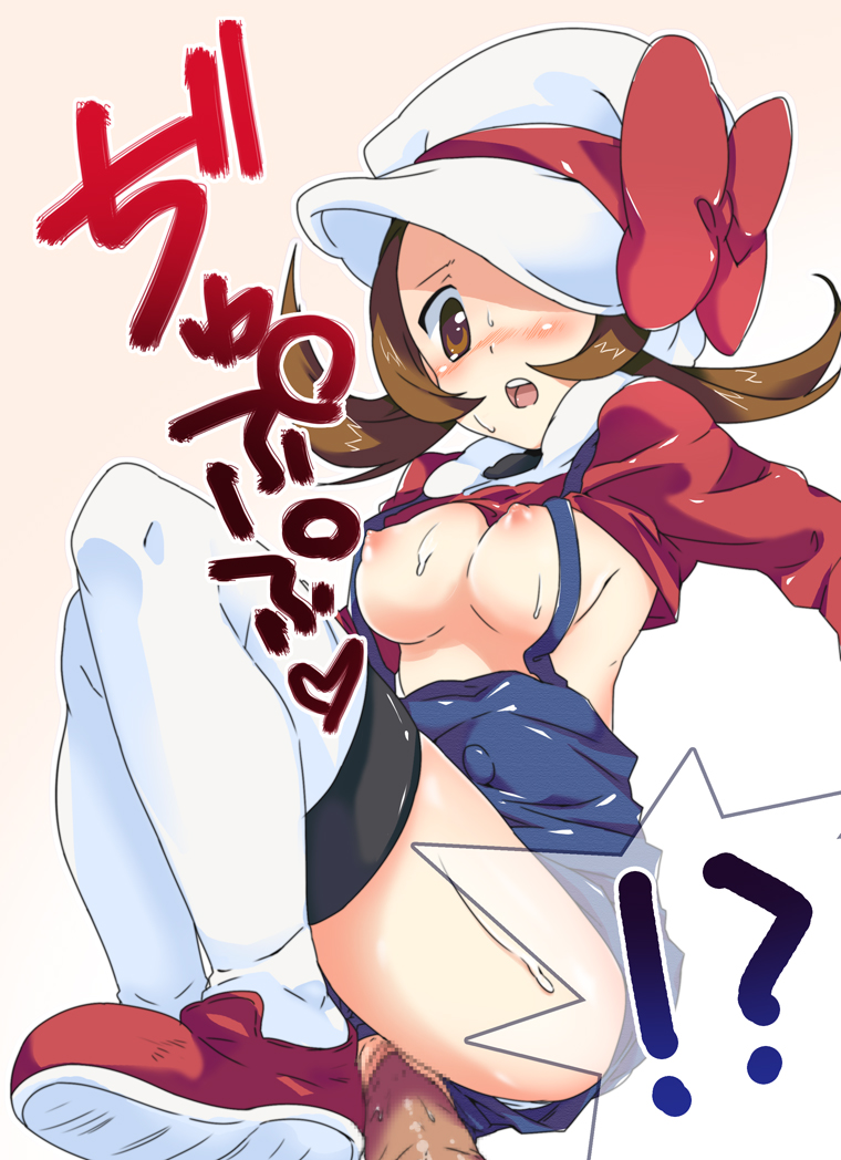 nakamura sandayo, lyra (pokemon), nintendo, pokemon, pokemon hgss, translation request, !?, 00s, 1girl, blush, breasts, brown hair, censored, clothes lift, clothing aside, hat, hat ribbon, large breasts, mosaic censoring, nipples, no panties, overalls, overalls aside, panties, panties aside, penis, red ribbon, ribbon, sex, shirt lift, solo, squatting, thighhighs, underwear, vaginal, white thighhighs