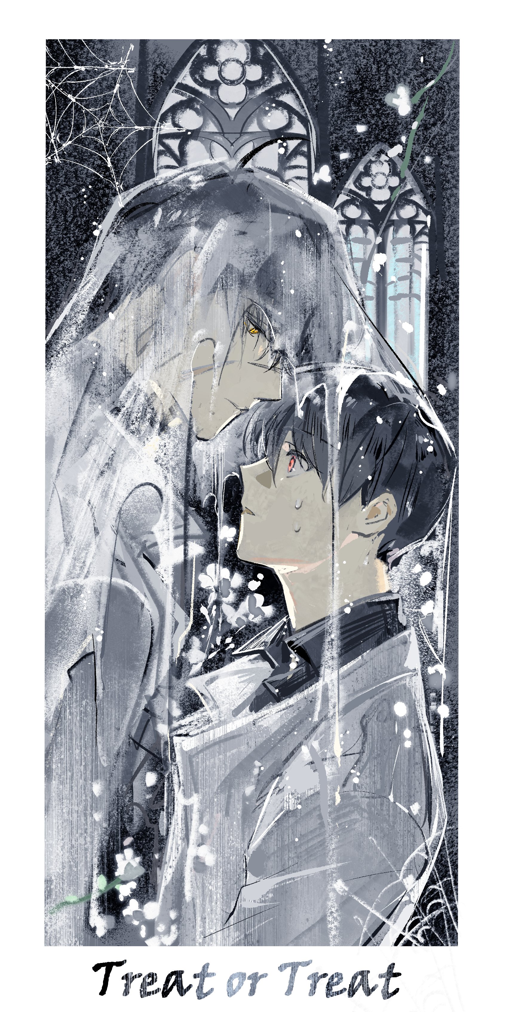 lantercat, kim dokja, secretive plotter, yoo joonghyuk, omniscient reader's viewpoint, absurdres, flower request, highres, 2boys, arched window, black shirt, border, cathedral, church, cloak, coat, collared shirt, english text, falling petals, height difference, hood, hood up, hooded cloak, indoors, looking at another, multiple boys, multiple scars, open clothes, petals, popped collar, red eyes, scar, scar on face, shirt, silk, spider web, sweatdrop, torn clothes, trick or treat, upper body, veil, white border, white coat, window, yellow eyes