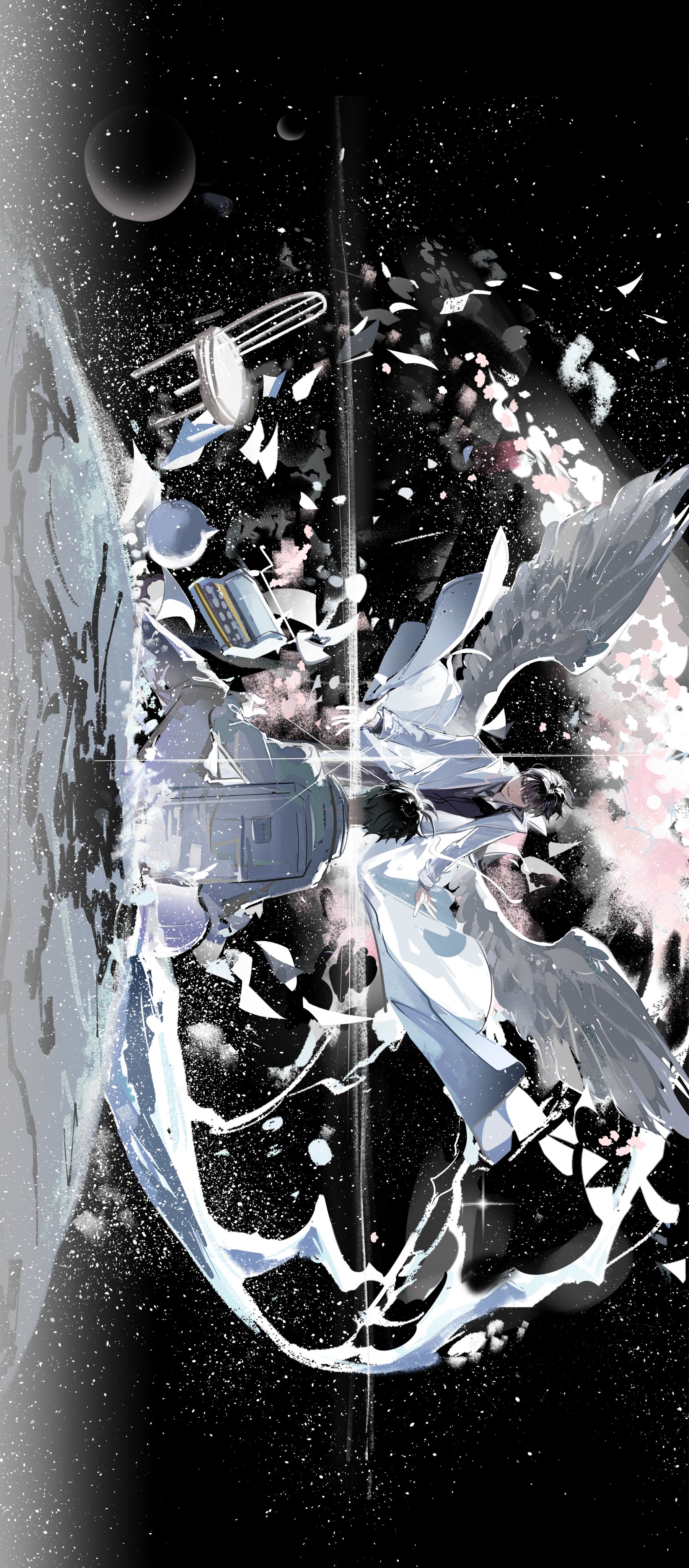 lantercat, kim dokja, yoo joonghyuk, omniscient reader's viewpoint, absurdres, highres, 2boys, astronaut, black hair, black shirt, bubble, character name, coat, crossed ankles, elbows on knees, falling petals, feathered wings, flying paper, full body, giant, glint, globe, korean text, looking at another, male focus, multiple boys, offering hand, official alternate costume, open clothes, open coat, outstretched hand, paper, petals, pink wings, planet, popped collar, shirt, short hair, sideways, sitting, sky, space, spacesuit, sparkle, star (sky), starry moon, starry sky, typewriter, white coat, white wings, wind, wind lift, wings