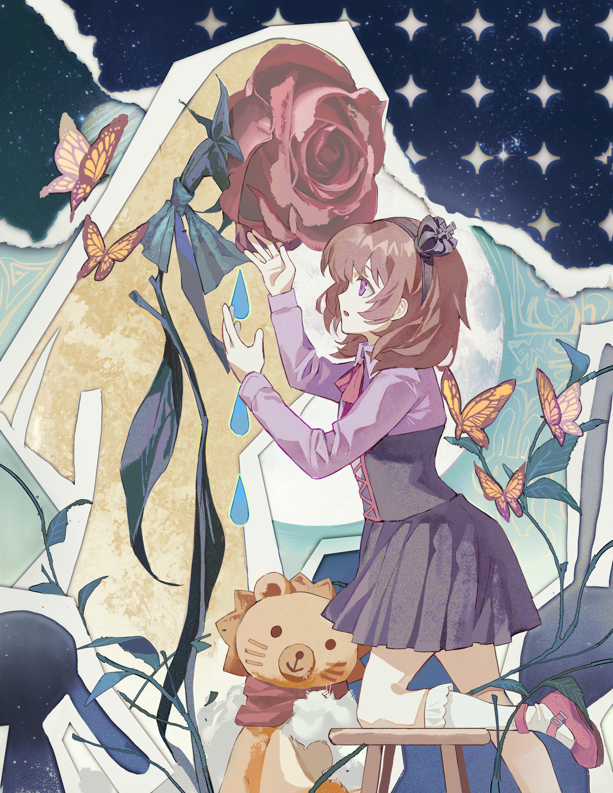 jinxiaoyimeng, sakutarou (umineko), ushiromiya maria, umineko no naku koro ni, absurdres, highres, 1girl, :o, abstract, black corset, black headband, bob cut, bow, bowtie, brown hair, bug, butterfly, corset, crown, flower, frilled socks, frills, from side, headband, insect, kneehighs, leg up, mary janes, mini crown, pleated skirt, profile, purple eyes, purple shirt, reaching, red bow, red bowtie, red shoes, ribbon, rose, shirt, shoes, skirt, socks, solo, stuffed toy, surreal, yellow butterfly