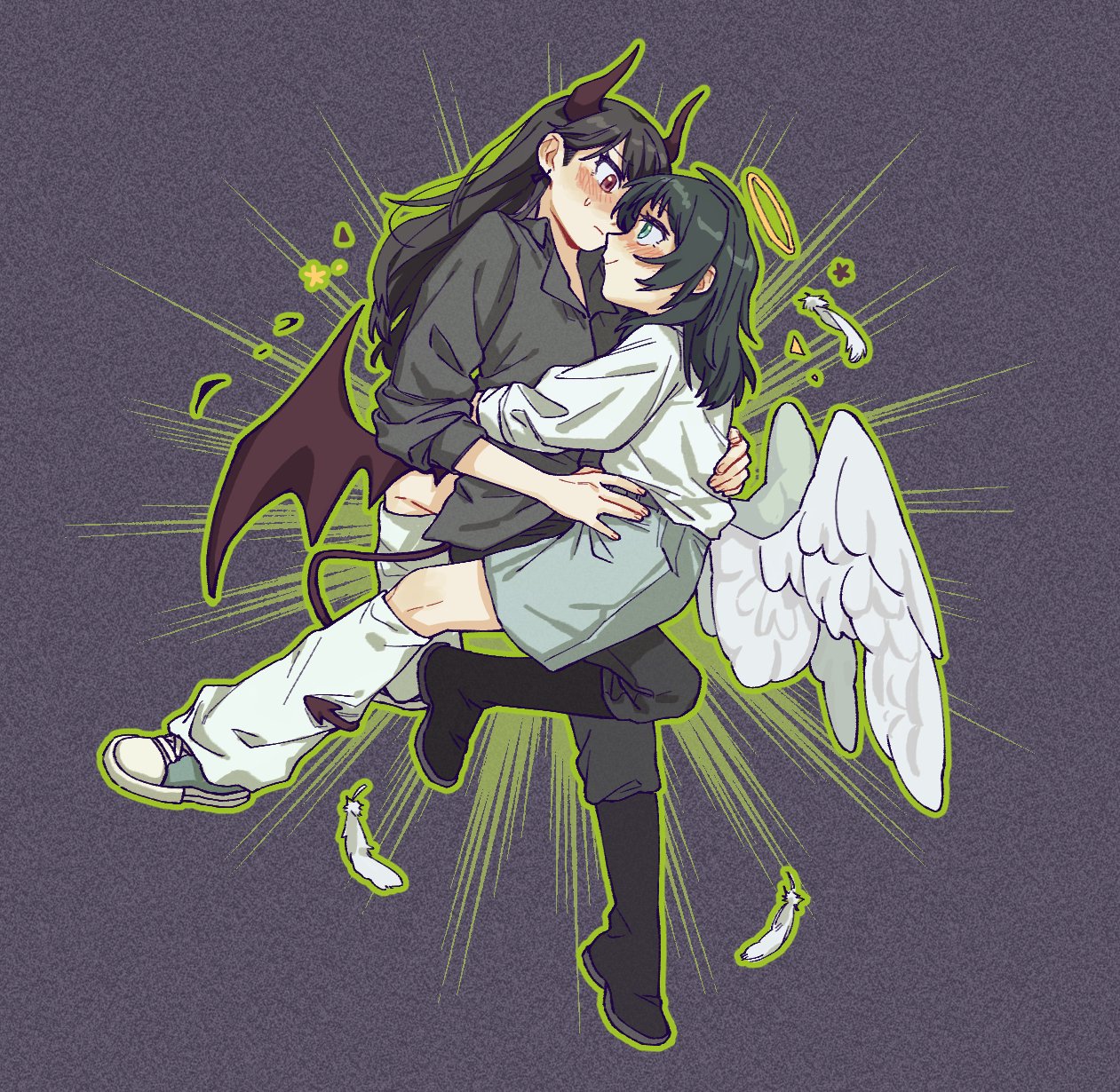 criangle k., shiina taki, yahata umiri, bang dream!, bang dream! it's mygo!!!!!, commentary, highres, symbol-only commentary, 2girls, angel and devil, angel wings, black hair, black shirt, blue eyes, blue shoes, blush, brown hair, closed mouth, demon horns, demon tail, demon wings, falling feathers, feathers, film grain, grey background, grey skirt, halloween, halo, hand on another's waist, horns, long hair, loose socks, multiple girls, purple eyes, shirt, shoes, skirt, smile, socks, sweat, tail, tail around another's leg, tail wrap, white shirt, white socks, wings, yuri