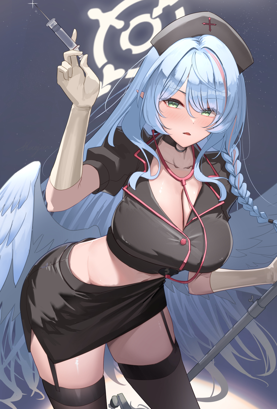 shougun (chuckni1), mine (blue archive), blue archive, commentary request, highres, 1girl, alternate costume, angel wings, arm up, black hat, black shirt, black skirt, black thighhighs, blue hair, blue wings, blush, braid, breasts, cleavage, collarbone, cowboy shot, crop top, elbow gloves, feathered wings, garter straps, gloves, green eyes, groin, hair between eyes, halloween costume, halo, hat, holding, holding syringe, large breasts, latex, latex gloves, long hair, looking at viewer, midriff, miniskirt, multicolored hair, navel, nurse cap, parted lips, pointy ears, shirt, short sleeves, sidelocks, skirt, solo, standing, stethoscope around neck, streaked hair, syringe, thighhighs, white gloves, wings, zettai ryouiki