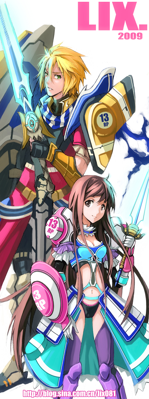 zhuxiao517, edge maverick, saionji reimi, star ocean, star ocean: the last hope, bad id, bad pixiv id, highres, 1boy, 1girl, armor, blonde hair, breasts, brown eyes, brown hair, cleavage, elbow gloves, gloves, green eyes, large breasts, long hair, midriff, navel, short hair, sword, thighhighs, very long hair, weapon