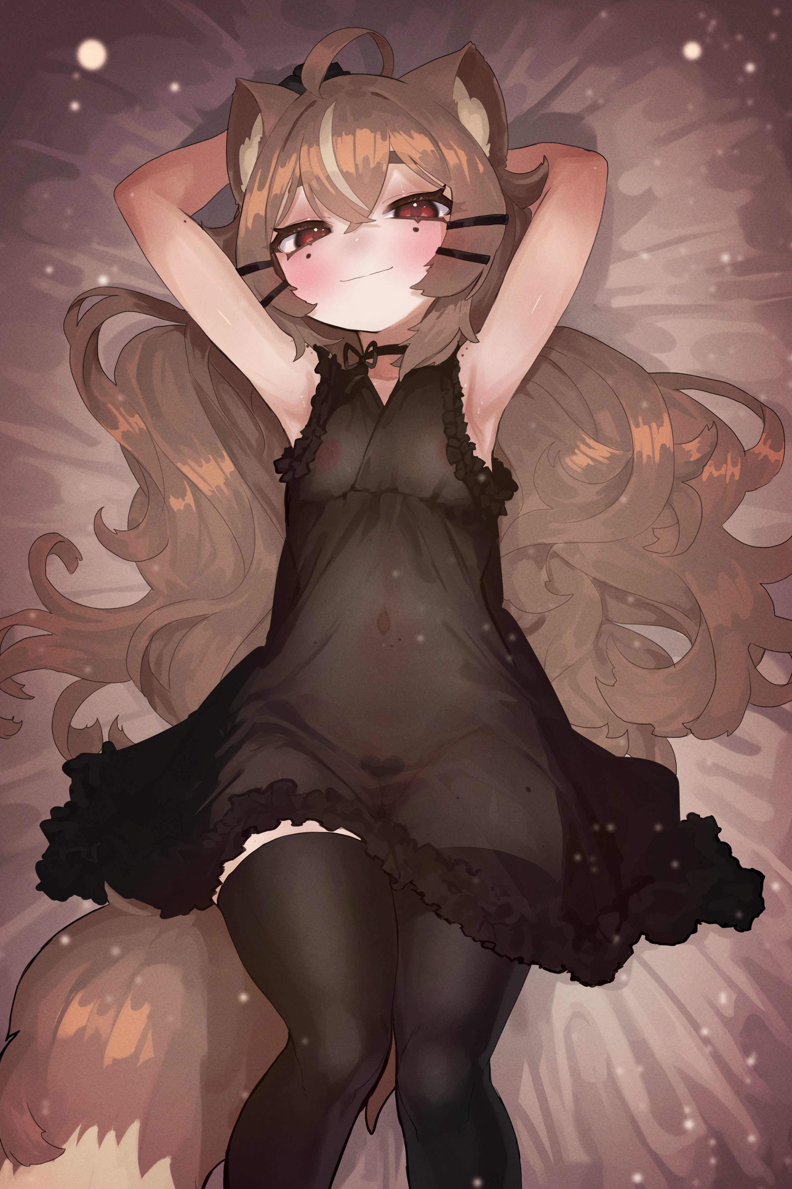 ekrea jan, mocha-tan (character), indie virtual youtuber, absurdres, highres, 1girl, animal ears, armpits, arms behind head, black gloves, black thighhighs, breasts, brown hair, cat ears, cat girl, cat tail, closed mouth, gloves, groin, hair between eyes, lingerie, looking at viewer, lying, mole, mole under each eye, mole under eye, multicolored hair, multiple moles, negligee, nipples, on back, pubic hair, pussy, red eyes, see-through clothes, small breasts, solo, streaked hair, tail, thighhighs, two-tone hair, underwear, virtual youtuber, white hair