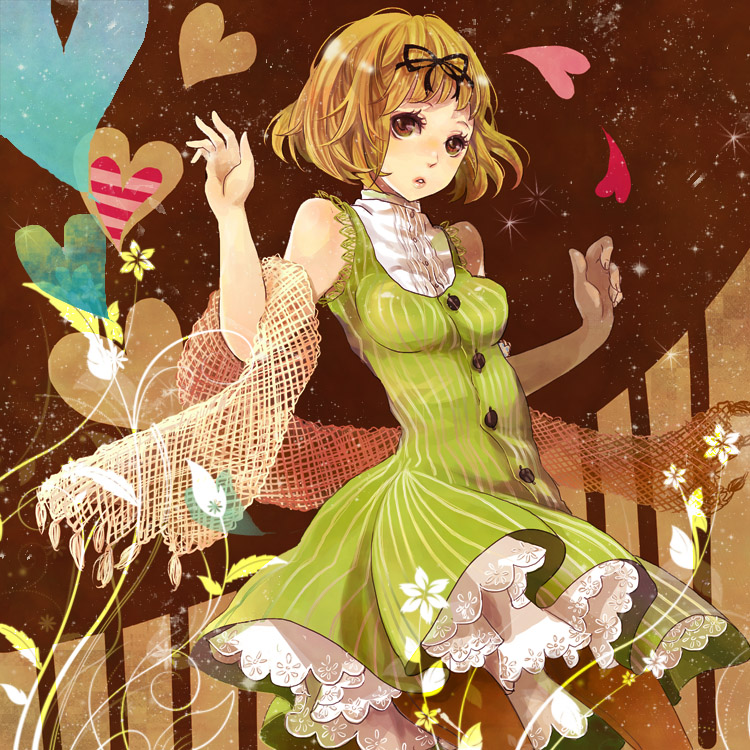 sakuragi kei, original, 1girl, brown eyes, brown hair, dress, female focus, flower, frills, hair ornament, heart, pantyhose, short hair, solo