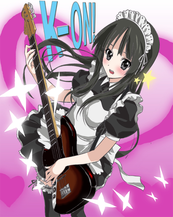 dodai shouji, akiyama mio, k-on!, bad id, bad pixiv id, 00s, 1girl, alternate costume, bass guitar, black eyes, black hair, enmaided, female focus, gradient background, instrument, long hair, maid, solo