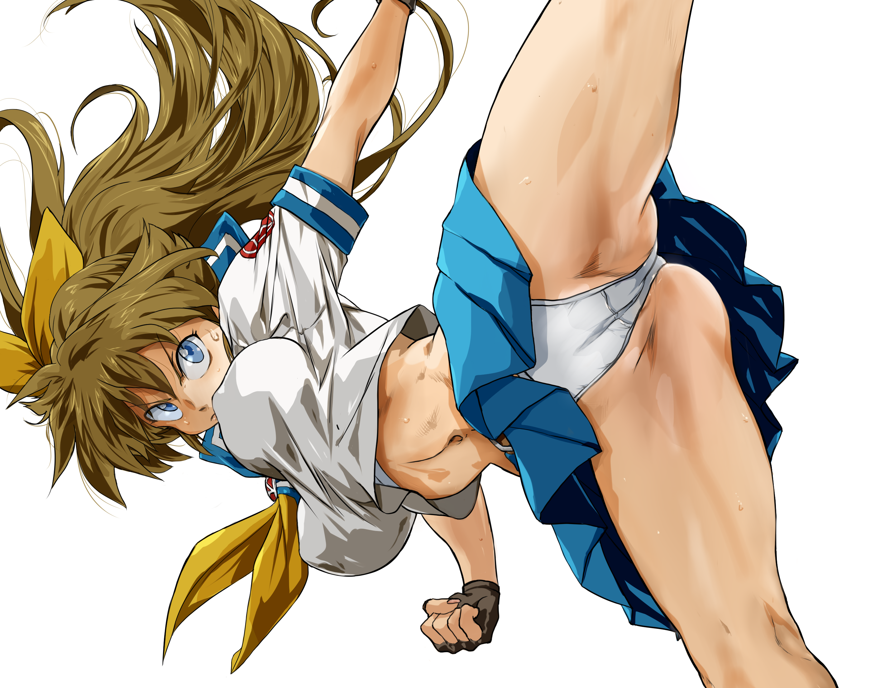 auge (akd), ryuko (oggyoggy), m.u.g.e.n, original, commentary, highres, 1girl, blue eyes, breasts, fingerless gloves, gloves, long hair, neckerchief, panties, pleated skirt, ponytail, ribbon, school uniform, serafuku, simple background, skirt, solo, torn clothes, underwear, white background, yellow neckerchief, yellow ribbon