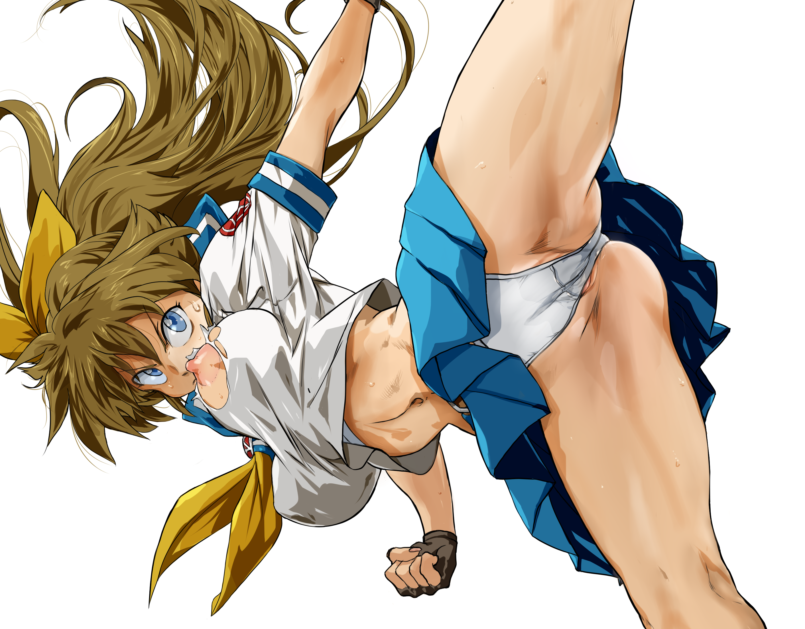 auge (akd), ryuko (oggyoggy), m.u.g.e.n, original, commentary, highres, 1girl, blue eyes, breasts, fingerless gloves, gloves, long hair, neckerchief, panties, pleated skirt, ponytail, ribbon, school uniform, serafuku, simple background, skirt, solo, torn clothes, underwear, white background, yellow neckerchief, yellow ribbon