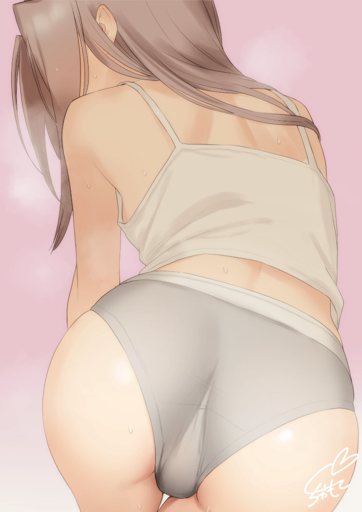 sakiecho, zuihou (kancolle), kantai collection, 1girl, all fours, ass, ass focus, back, breasts, brown hair, camisole, long hair, panties, pink background, simple background, small breasts, steam, steaming body, underwear, white camisole