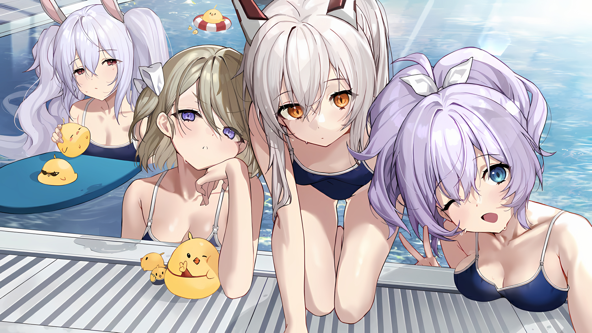 ayanami (azur lane), javelin (azur lane), laffey (azur lane), manjuu (azur lane), z23 (azur lane), azur lane, artist request, highres, official art, third-party source, 4girls, animal, animal ears, bare shoulders, bent over, bikini, bird, blonde hair, blue eyes, bow, breasts, brown eyes, character name, cleavage, closed mouth, collarbone, fake animal ears, hair bow, hair ornament, head on hand, innertube, kneeling, long hair, looking at viewer, mechanical ears, medium breasts, medium hair, multiple girls, one eye closed, open mouth, orange eyes, page number, partially submerged, pool, poolside, purple eyes, purple hair, rabbit ears, red bikini, red eyes, school swimsuit, sidelocks, small breasts, smile, swim ring, swimsuit, twintails, v, water, white bow, white hair