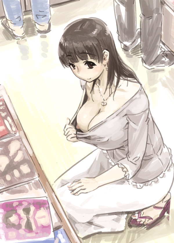 )(, kaqo, original, bad id, bad pixiv id, 1girl, breasts, brown eyes, brown hair, cleavage, exhibitionism, female focus, flashing, jewelry, kneeling, large breasts, mature female, necklace, nipple slip, nipples, no bra, pink sandals, public indecency, sandals, solo