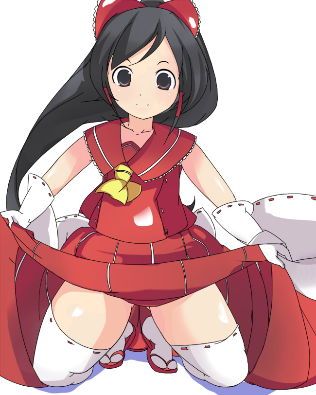 ayatoba, hakurei reimu, touhou, 1girl, black hair, clothes lift, detached sleeves, female focus, japanese clothes, miko, simple background, skirt, skirt lift, smile, solo, thighhighs, thighs, white background