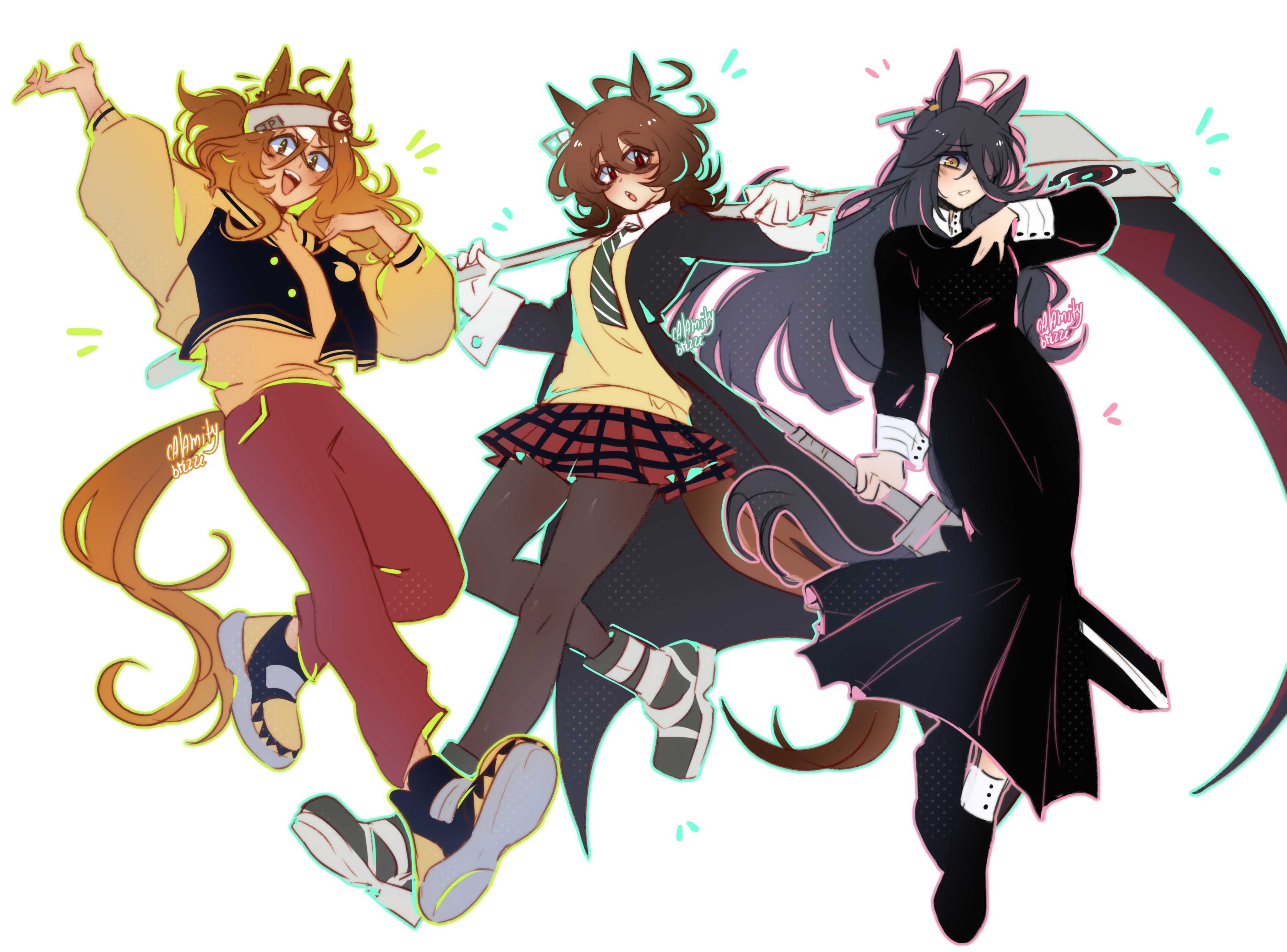 calamity brezze, agnes tachyon (umamusume), crona (soul eater), jungle pocket (umamusume), maka albarn, manhattan cafe (umamusume), soul evans, soul eater, umamusume, absurdres, highres, 3girls, ahoge, animal ears, black dress, black hair, black jacket, black pantyhose, blush, boots, breasts, brown hair, closed mouth, collared shirt, cosplay, crona (soul eater) (cosplay), cuff links, dress, ear tag, earrings, gloves, grey headband, hair between eyes, headband, holding, holding scythe, horse ears, horse girl, horse tail, huge ahoge, jacket, jewelry, long bangs, long hair, long hair between eyes, long sleeves, looking at viewer, maka albarn (cosplay), medium hair, multicolored hair, multiple girls, necktie, notched ear, open mouth, pants, pantyhose, parted lips, plaid clothes, plaid skirt, red eyes, red pants, red skirt, school uniform, scythe, shirt, shoes, single earring, skirt, smile, sneakers, soul evans (cosplay), striped necktie, sweater, sweater vest, tail, very long hair, weapon, white gloves, white hair, white shirt, yellow eyes, yellow shirt, yellow sweater, yellow sweater vest