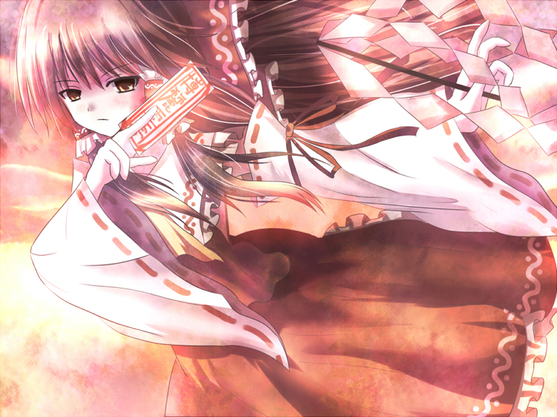 non (nobu), hakurei reimu, touhou, 1girl, brown hair, detached sleeves, female focus, gohei, gradient background, japanese clothes, miko, ofuda, oonusa, red eyes, ribbon, solo