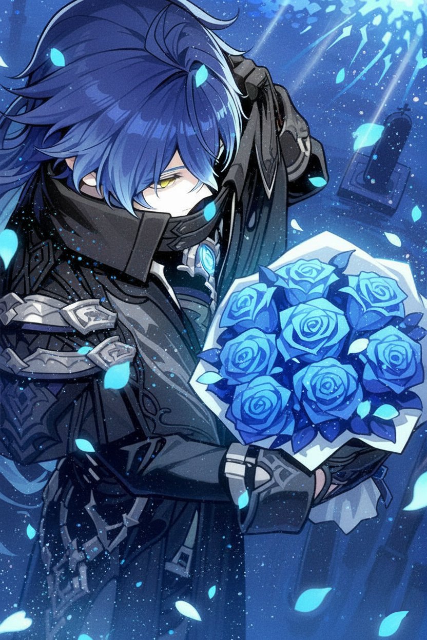 flins (genshin impact), genshin impact, highres, 1boy, black gloves, blue flower, blue rose, flower, gloves, holding, holding flower, long hair, long sleeves, pale skin, rose, solo, tama ai554, tombstone, yellow eyes