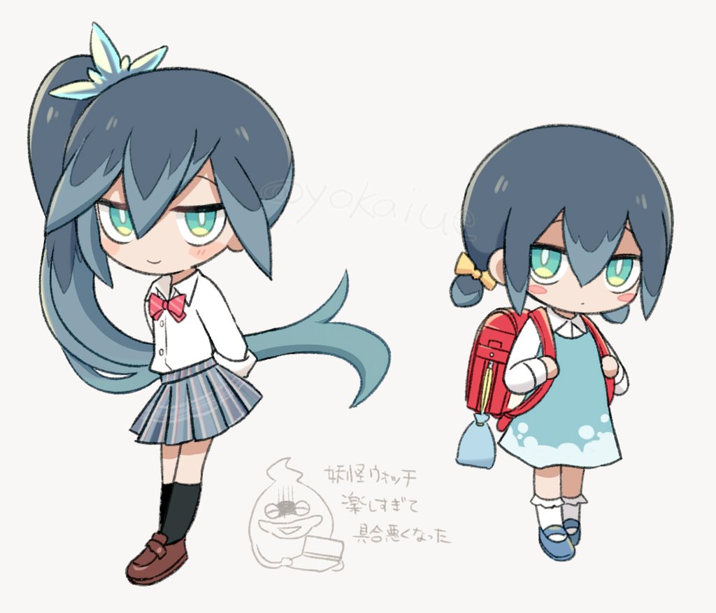 koko ue, fubukihime, whisper (youkai watch), yukionna (youkai watch), youkai watch, translation request, 2girls, alternate costume, backpack, bag, black socks, blue dress, blue eyes, blue hair, blue shoes, brown shoes, dress, grey skirt, koisuru fubukihime, long hair, looking at viewer, multicolored hair, multiple girls, ponytail, red bag, school uniform, shirt, shoes, simple background, skirt, socks, two-tone hair, white background, white shirt, white socks, youkai (youkai watch)