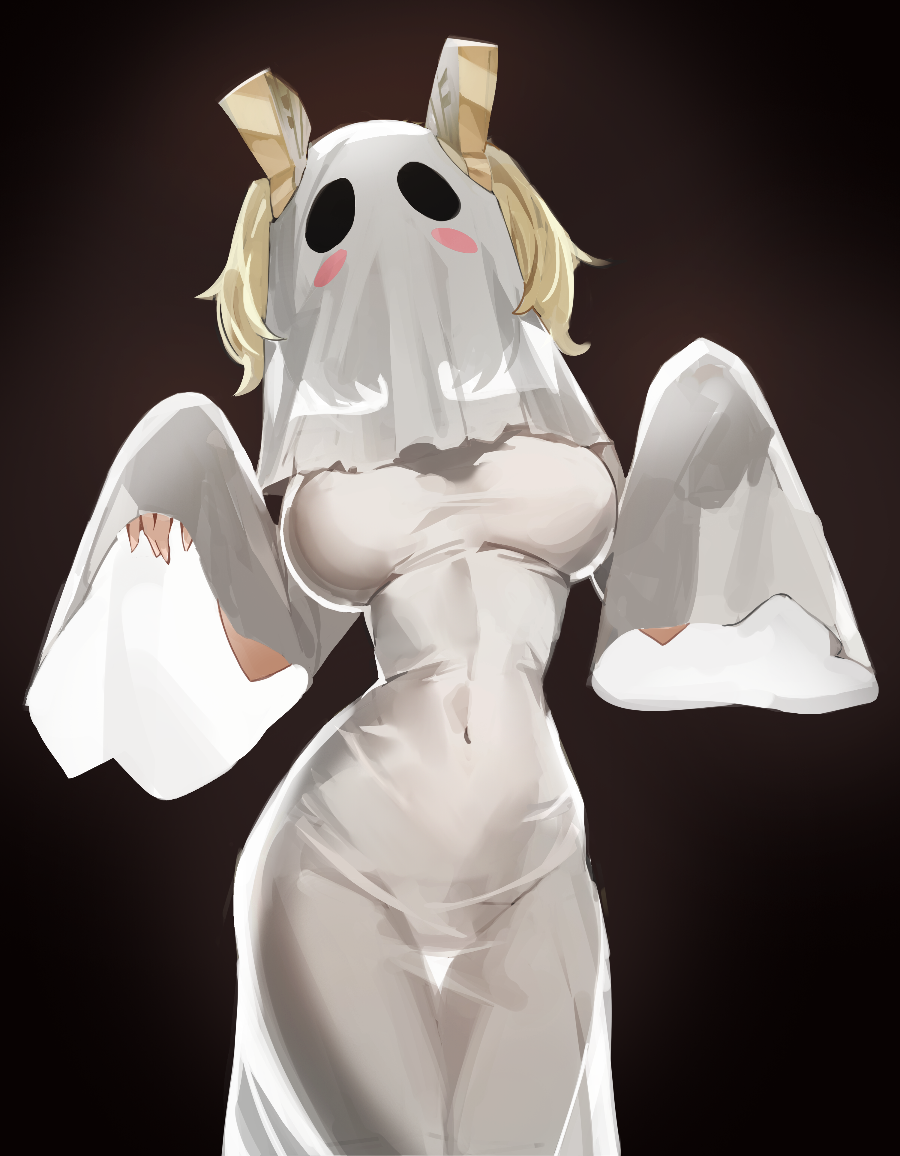 ppangchil, burnice white, zenless zone zero, absurdres, highres, 1girl, blonde hair, blush, breasts, covered navel, cowboy shot, dark background, dress, ghost, ghost costume, ghost girl (niyeye2019), ghost mask, ghost pose, halloween, halloween costume, medium breasts, naked costume, sheet ghost, short twintails, solo, standing, taut clothes, tight clothes, tight dress, twintails, white dress