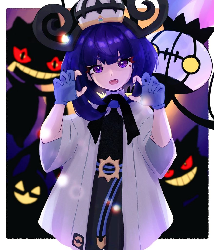 miigon99999, banette, chandelure, gengar, gwynn (pokemon), nintendo, pokemon, pokemon legends: z-a, 1girl, black dress, black hair, blue gloves, blunt bangs, bob cut, coat, colored sclera, dress, fire, gen 1 pokemon, gen 3 pokemon, gen 5 pokemon, gloves, gradient hair, grin, halloween, hat, long sleeves, looking at viewer, mega stone, multicolored hair, open clothes, open coat, open mouth, partially fingerless gloves, pokemon (creature), purple eyes, purple fire, purple hair, red eyes, short hair, smile, teeth, white coat, yellow eyes, zipper