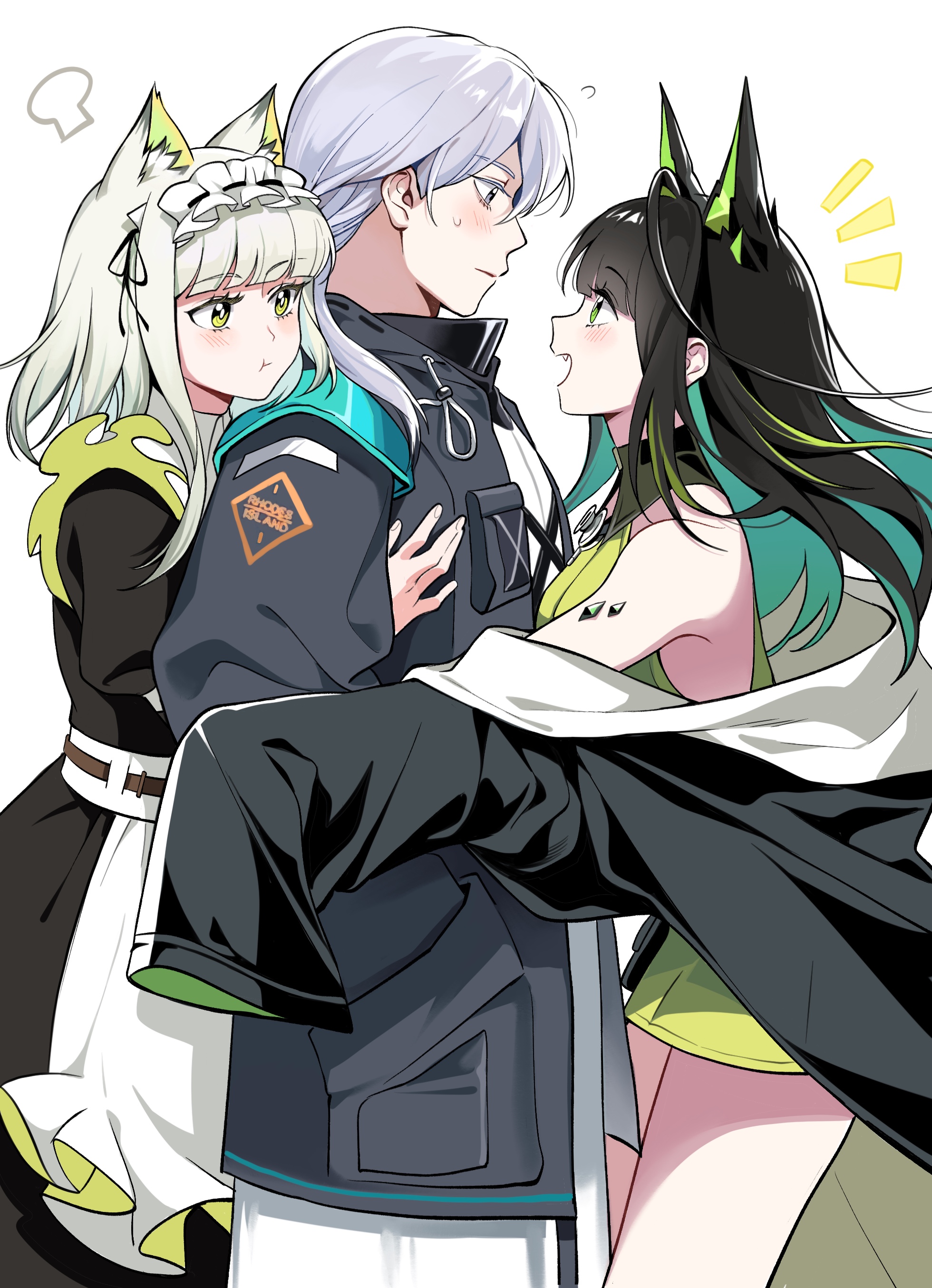 bai xin, doctor (arknights), kal'tsit (arknights), male doctor (arknights), mon3tr (arknights), arknights, absurdres, commentary, highres, symbol-only commentary, 1boy, 2girls, :d, ahoge, animal ear fluff, animal ears, bare shoulders, black coat, black dress, black hair, black jacket, blush, closed mouth, clothes writing, coat, colored inner hair, cowboy shot, dress, eye contact, frills, girl sandwich, green eyes, green hair, grey eyes, grey hair, hand in pocket, huge ahoge, jacket, long hair, long sleeves, looking at another, maid, maid headdress, material growth, medium hair, multicolored hair, multiple girls, notice lines, off shoulder, official alternate costume, open mouth, oripathy lesion (arknights), pout, profile, sandwiched, simple background, smile, standing, sweatdrop, white background