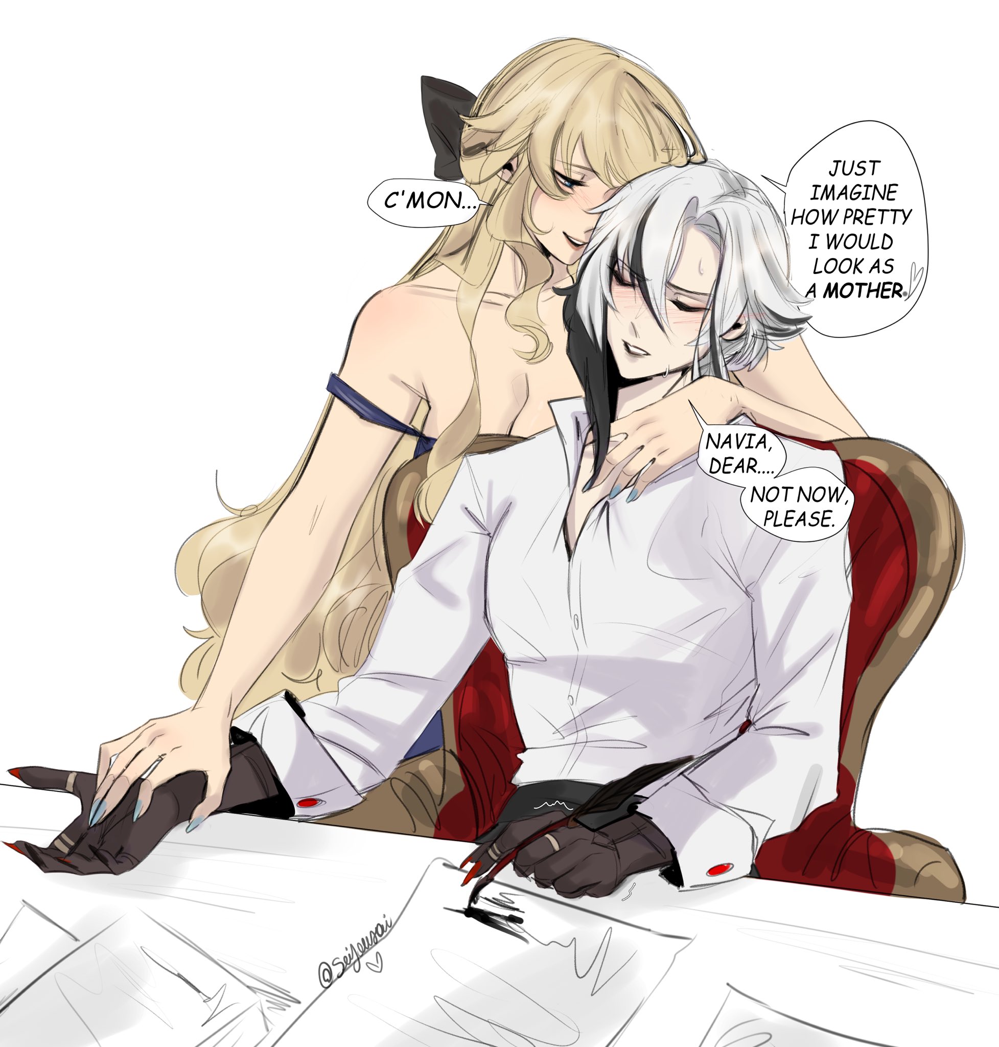 seijousai, arlecchino (genshin impact), navia (genshin impact), genshin impact, commentary, english commentary, highres, 2girls, bare shoulders, black hands, black streaks, blonde hair, blue eyes, blue nails, breasts, cleavage, closed eyes, colored extremities, english text, fingernails, hand on another's neck, holding hands, large breasts, long fingernails, long hair, multiple girls, paper, parted lips, red nails, shirt, simple background, sitting, speech bubble, strap slip, white background, white hair, white shirt, writing, yuri