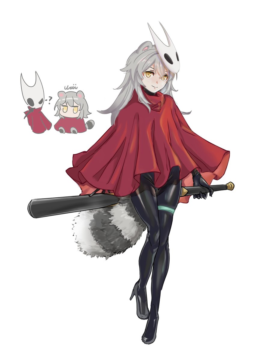 hornet (hollow knight), stelle (honkai: star rail), trailblazer (honkai: star rail), hollow knight, hollow knight: silksong, honkai: star rail, honkai (series), highres, 1girl, ?, animal ears, baseball bat, black bodysuit, bodysuit, chibi, chibi inset, cloak, cosplay, full body, grey hair, high heels, holding, holding baseball bat, kemonomimi mode, latex, latex bodysuit, long hair, mask, mask on head, raccoon ears, raccoon girl, raccoon tail, red cloak, smile, solo focus, tail, thigh strap, urii 20230426, yellow eyes