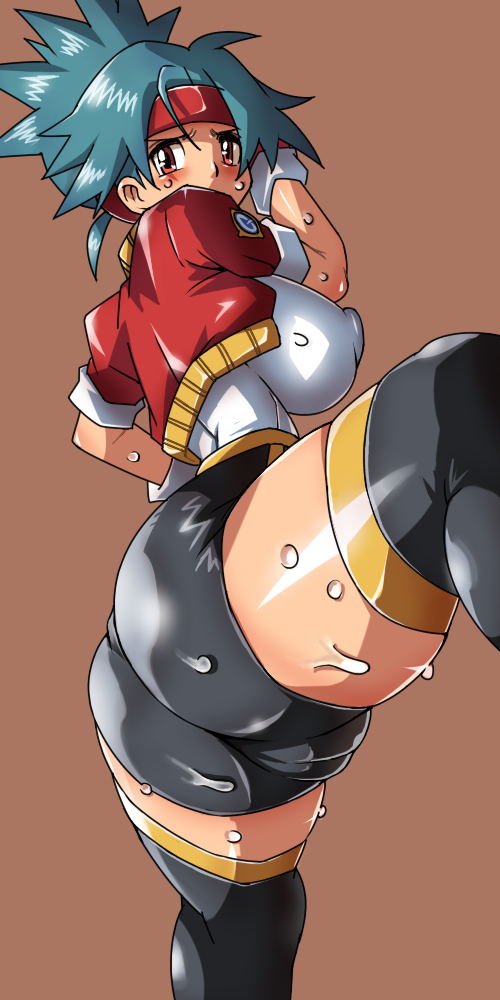 hun (uyonis), solana (pokemon), nintendo, pokemon, pokemon ranger (series), pokemon ranger 1, bad id, bad pixiv id, long image, tall image, 00s, 1girl, ass, blue hair, breasts, brown eyes, cameltoe, female focus, leotard, solo, sweat, thighhighs