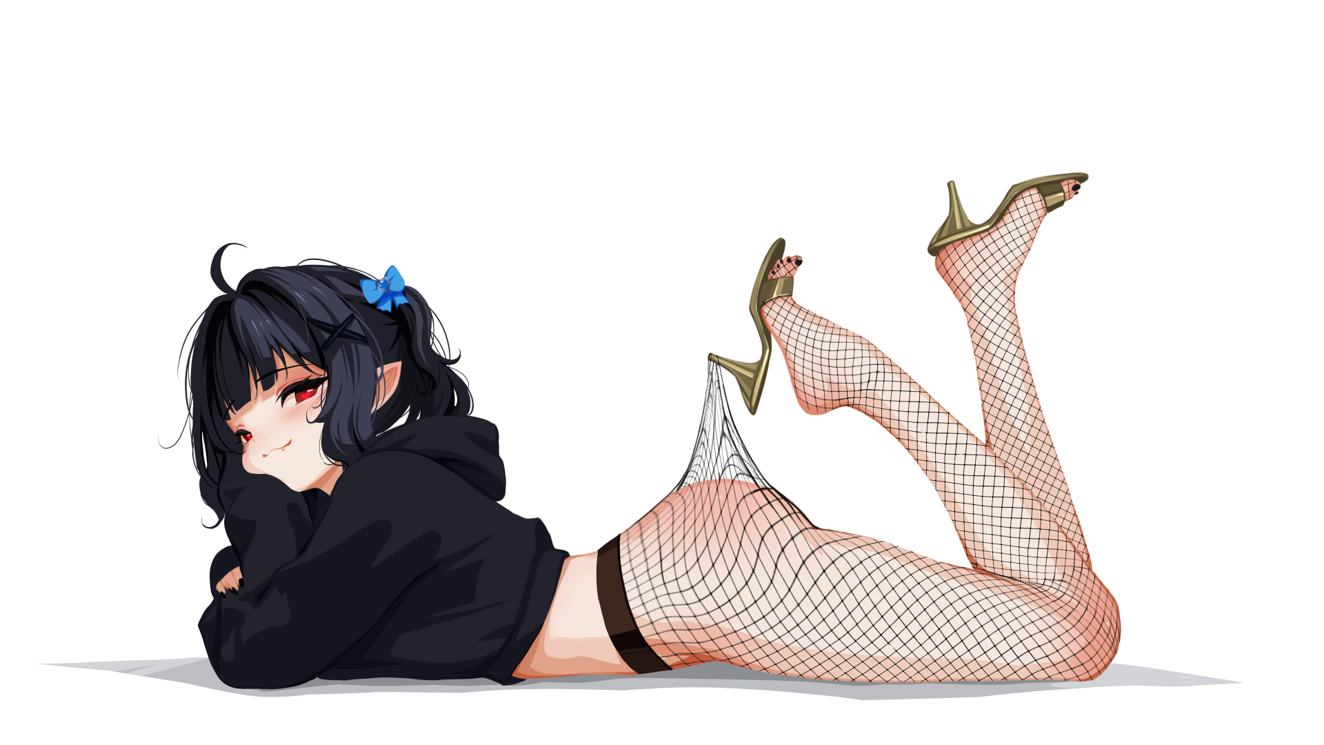 sansha art, mint fantome, indie virtual youtuber, highres, 1girl, ahoge, ass, black hair, black nails, blue bow, blush, body blush, bow, chin reast, fang, fishnet pantyhose, fishnets, gold shoes, hair bow, hair ornament, heart, heart-shaped pupils, high heels, lace pantyhose hooked on heel (meme), legs, long sleeves, looking at viewer, lying, meme, midriff, on stomach, pantyhose, pointy ears, red eyes, shoes, sidelocks, simple background, solo, sweater, symbol-shaped pupils, thighs, toes, two side up, virtual youtuber, white background, x hair ornament